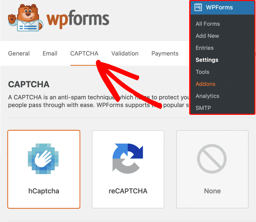 Captcha Tab in WPForms