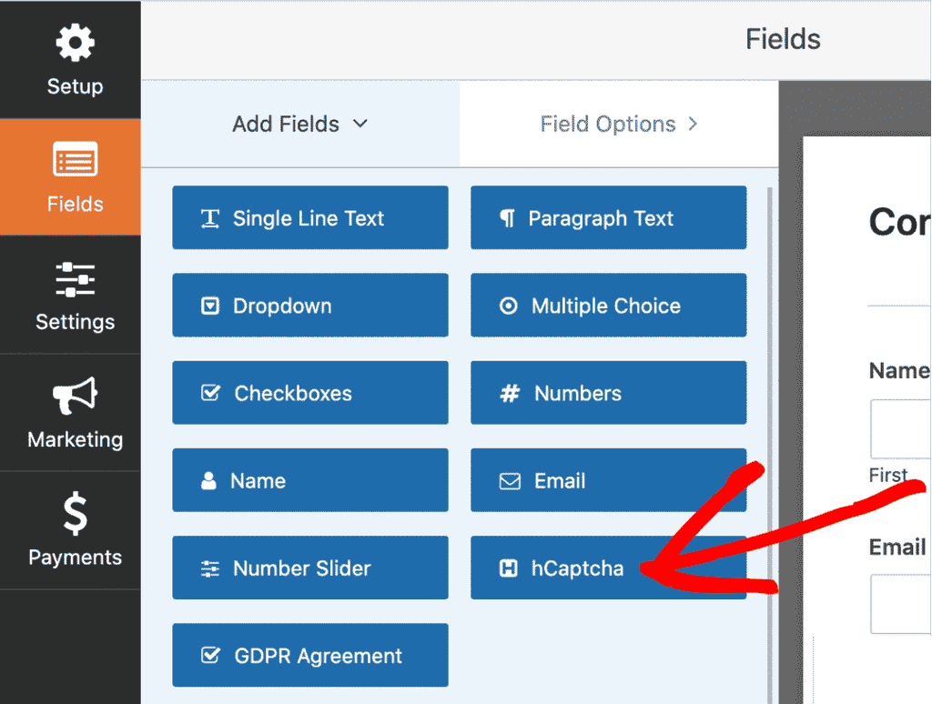 Select hCaptcha Field In WPForms