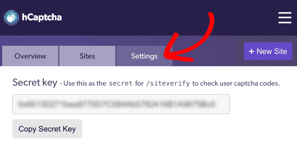 Settings and Secret Key in hCaptcha