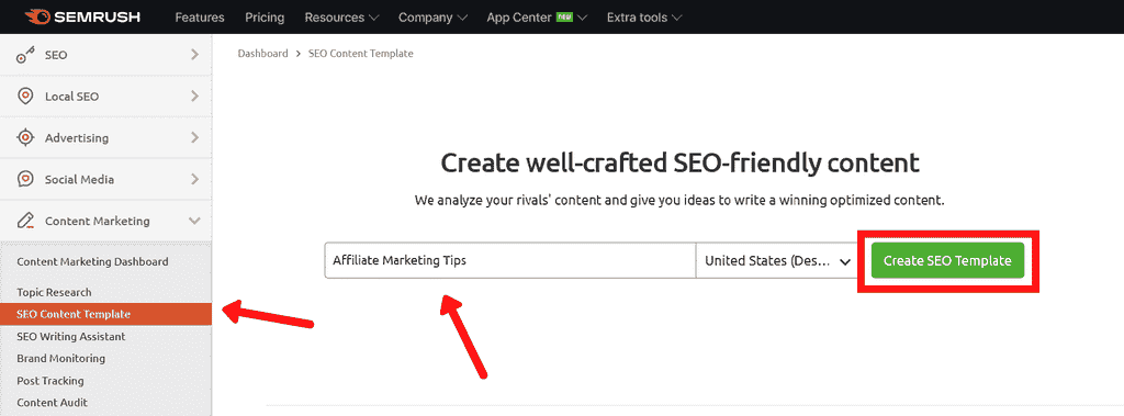 Enter Target Keyword In Semrush SEO Content Template