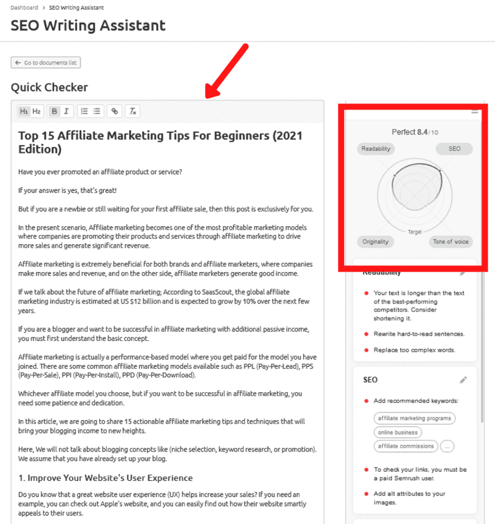 Semrush SEO Writing Assistant Onsite Step 2
