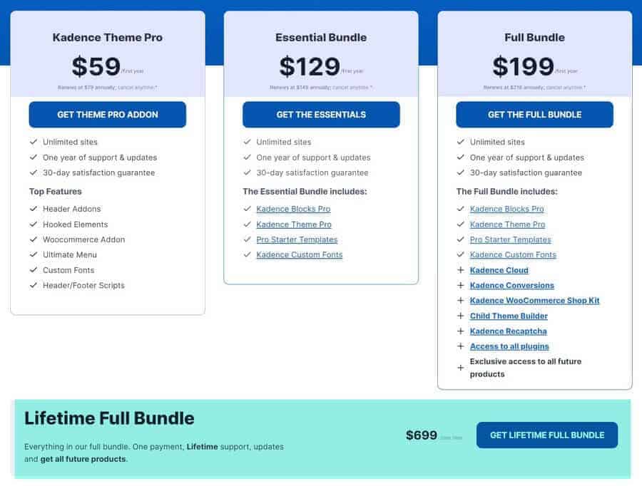 Kadence Theme Pricing