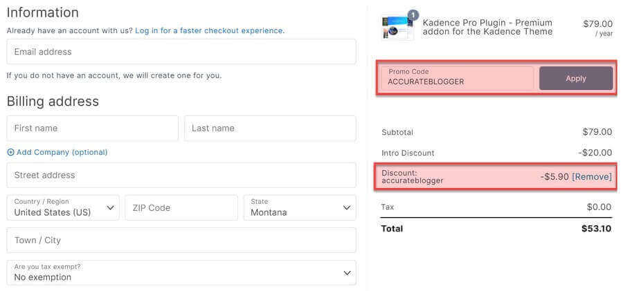 Kadence WP Black Friday Checkout Account Information Page