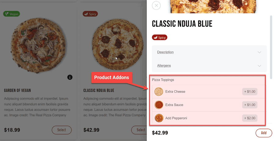 Product Addons Using Orderable Restaurant WooCommerce Plugin