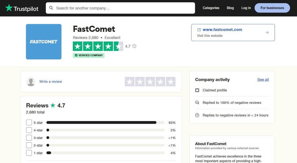 FastComet Hosting Reviews on TrustPilot Review Site